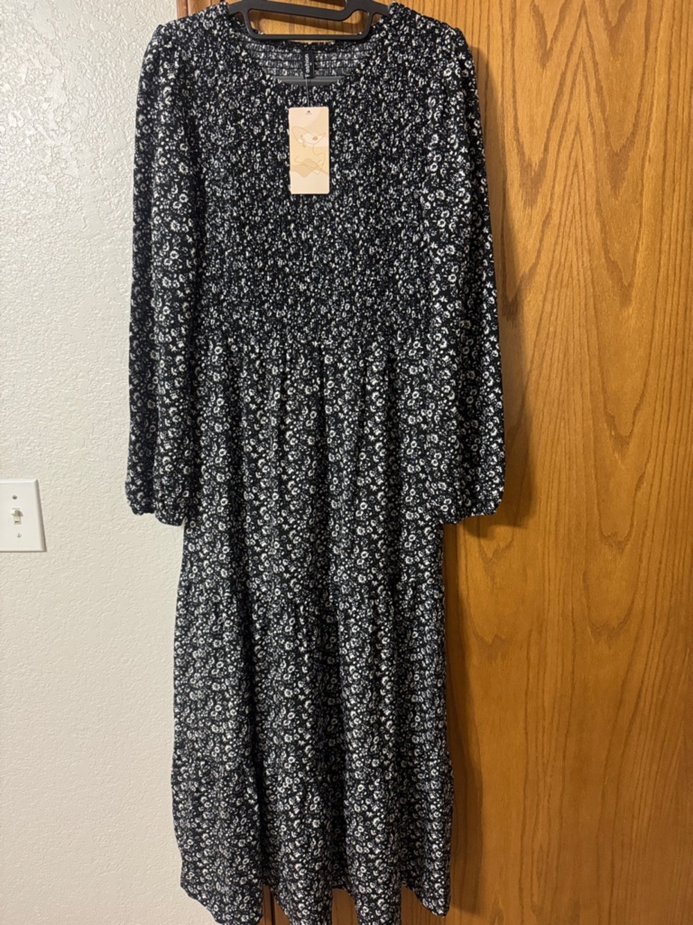 Black Floral Long-Sleeve Smocked Midi Dress by